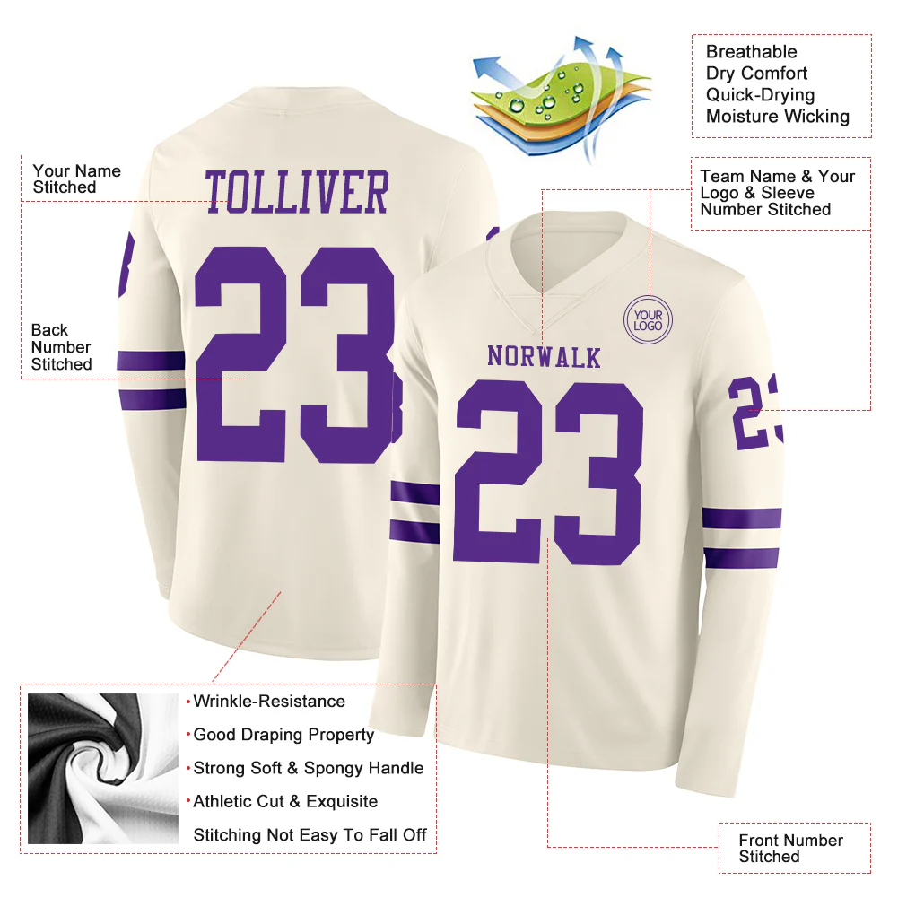 Custom Cream Purple Long Sleeve Authentic Football Jersey - Image 2