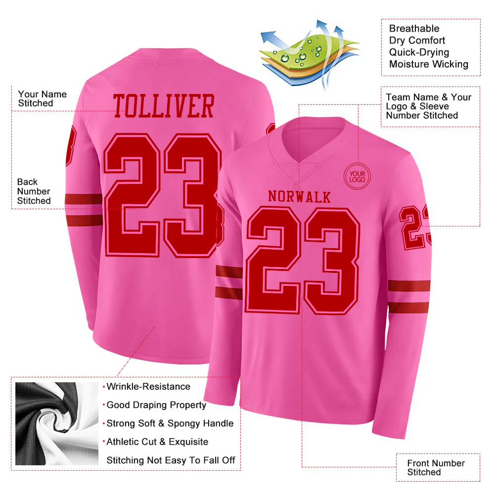 Custom Pink Red Long Sleeve Authentic Football Jersey - Image 2