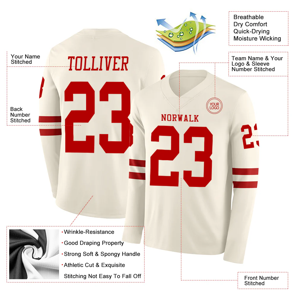 Custom Cream Red Long Sleeve Authentic Football Jersey - Image 2