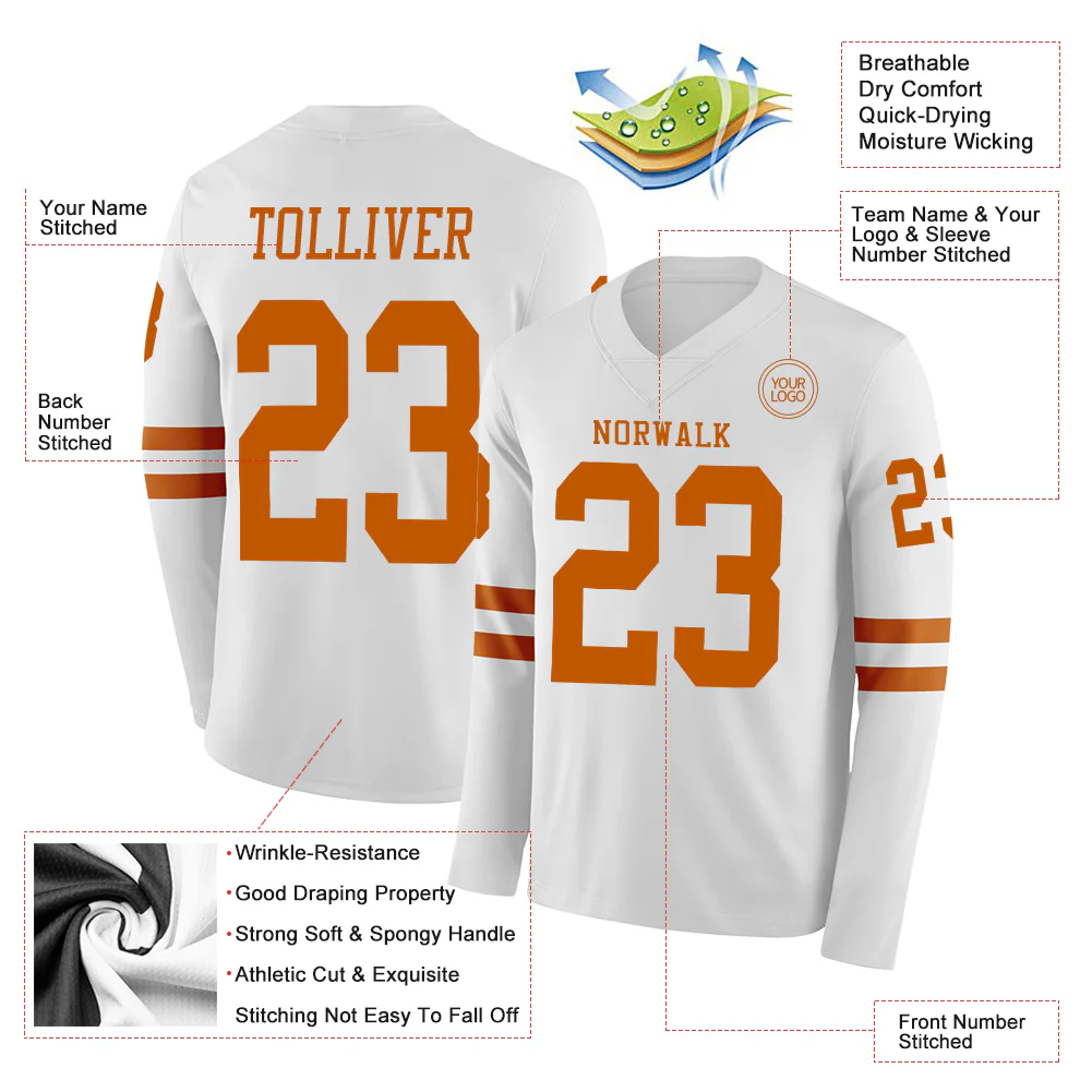 Custom White Texas Orange Long Sleeve Authentic Football Jersey - Image 2