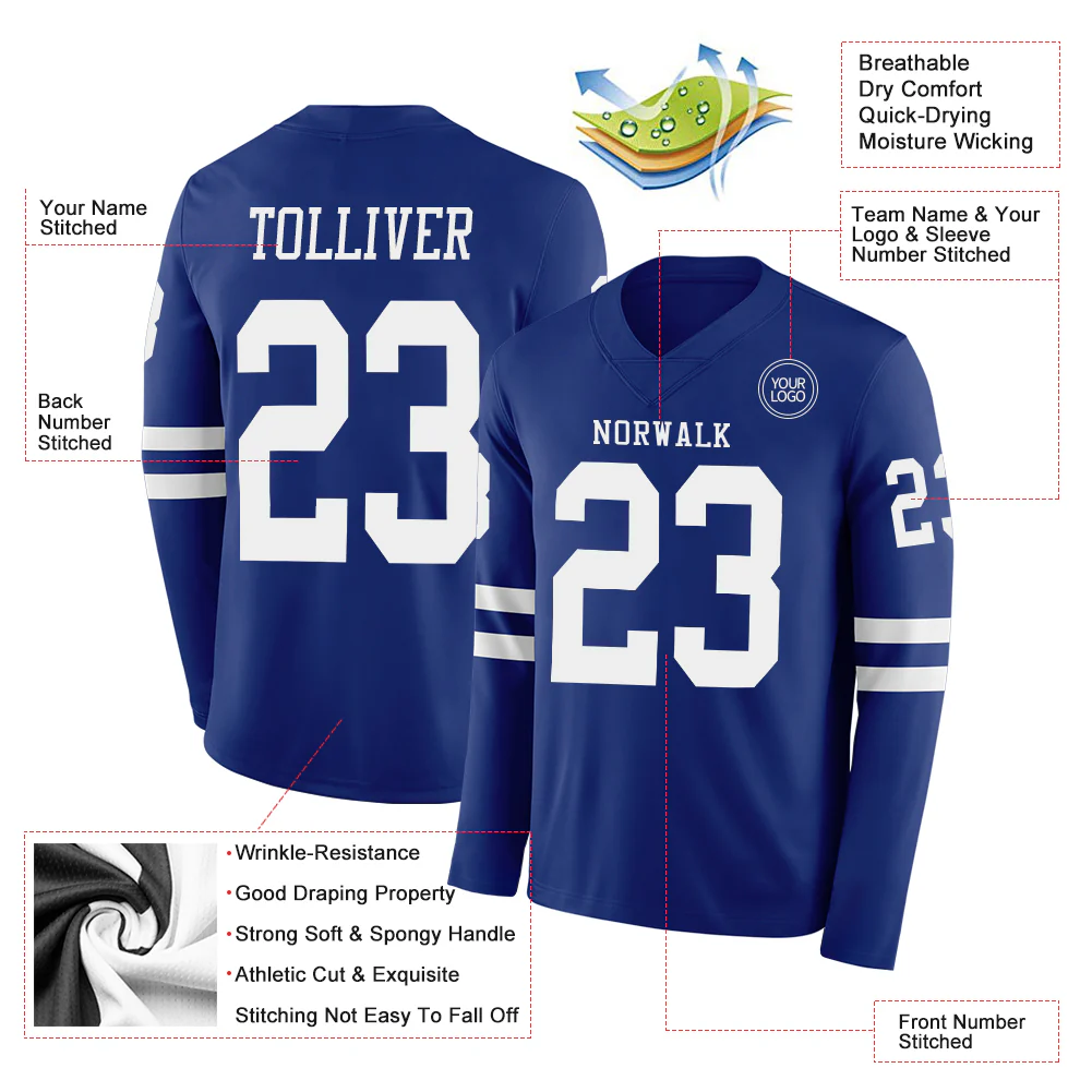 Custom Royal White Long Sleeve Authentic Football Jersey - Image 2