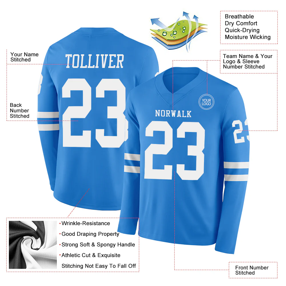Custom Powder Blue White Long Sleeve Authentic Football Jersey - Image 2