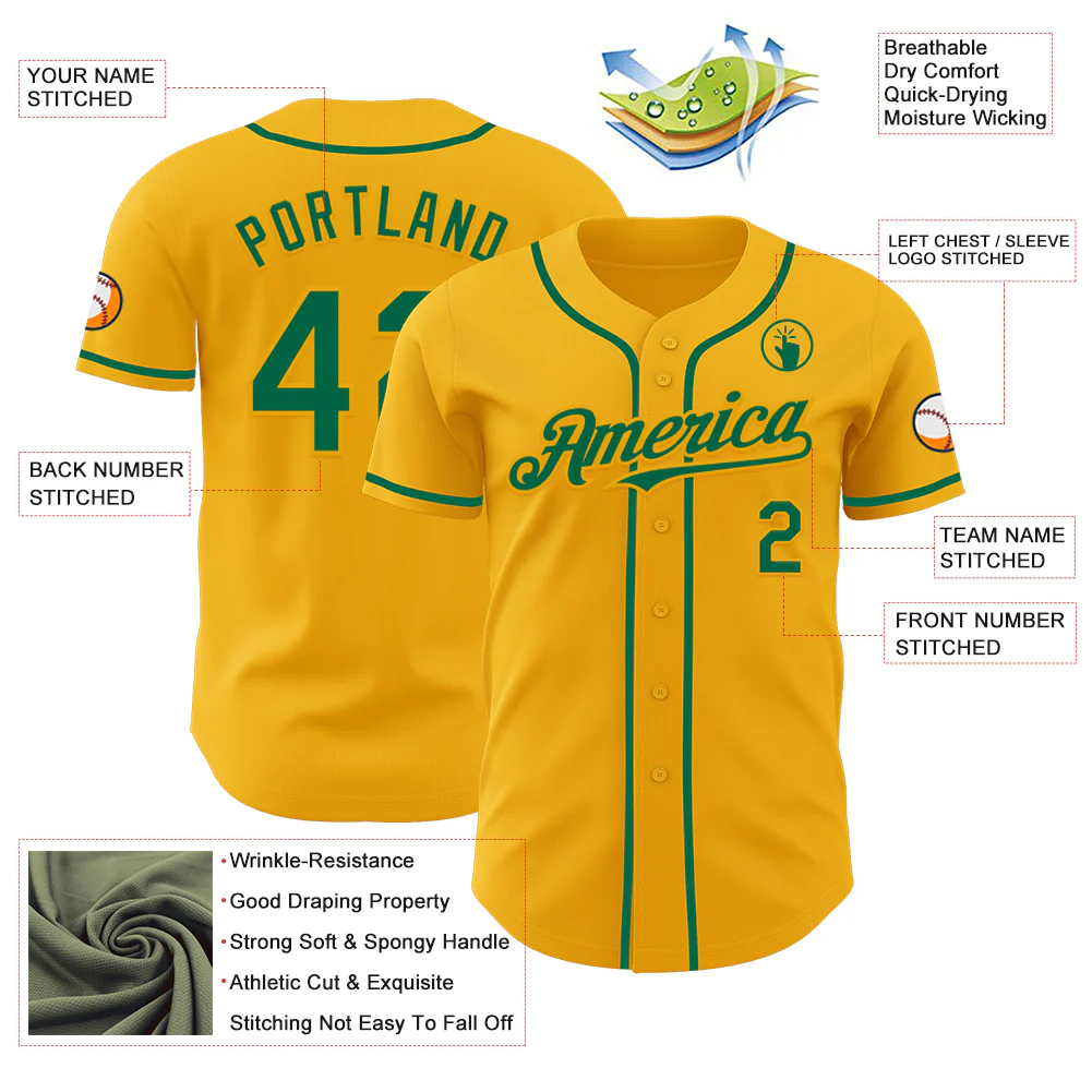 Custom Gold Kelly Green Authentic Baseball Jersey - Image 3