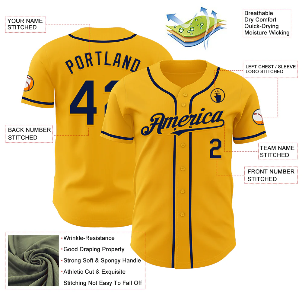 Custom Gold Navy Authentic Baseball Jersey - Image 3
