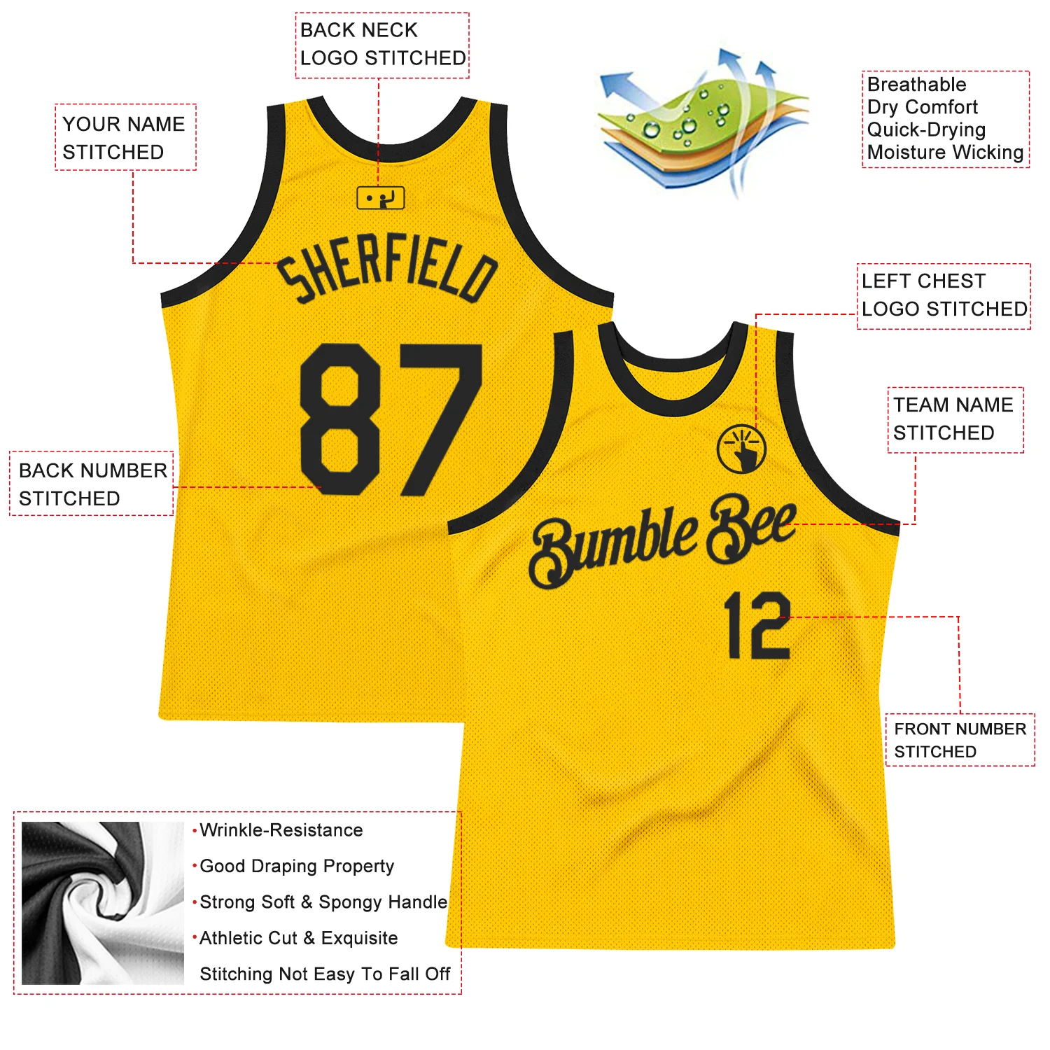 Custom Gold Black Authentic Throwback Basketball Jersey - Image 2
