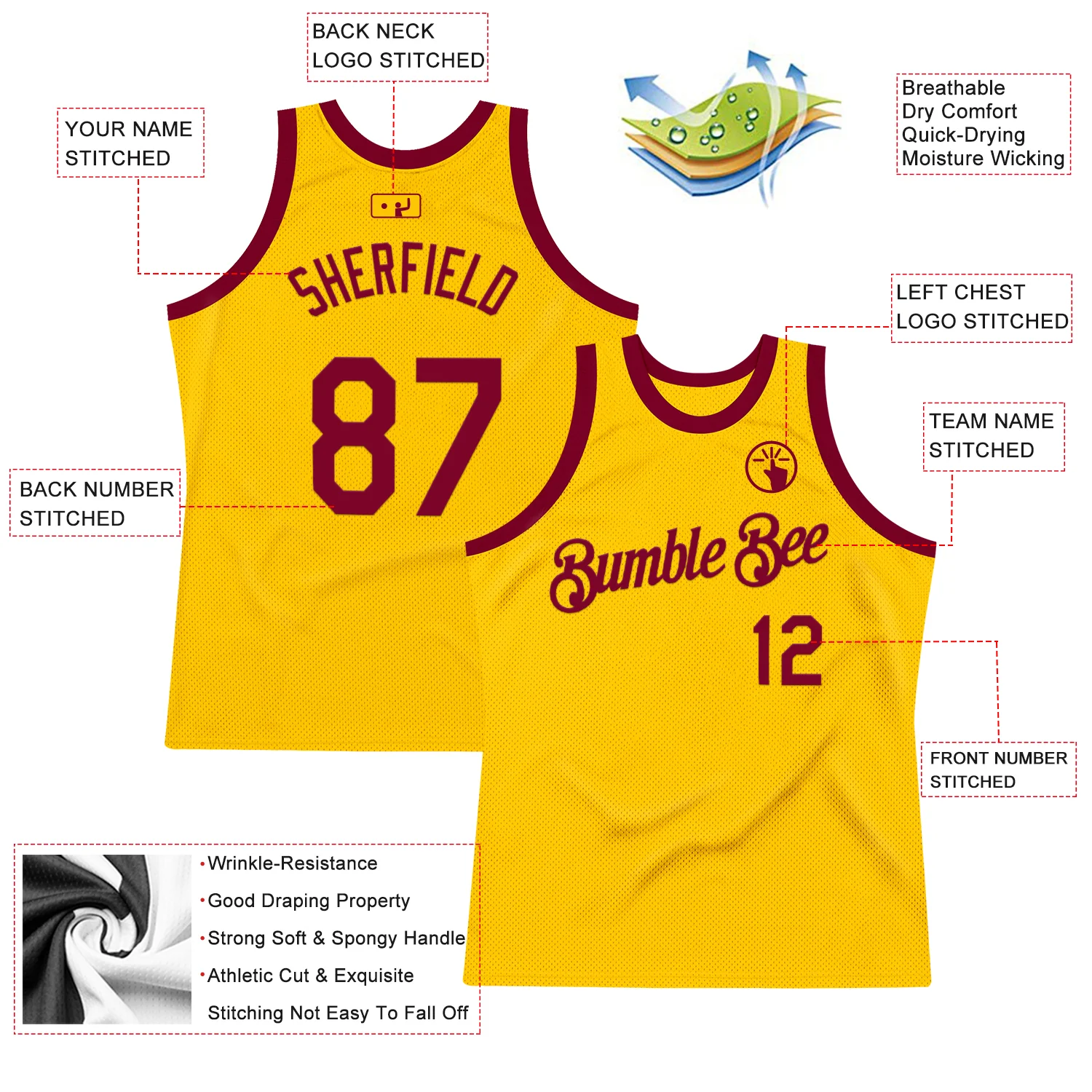 Custom Gold Maroon Authentic Throwback Basketball Jersey - Image 2