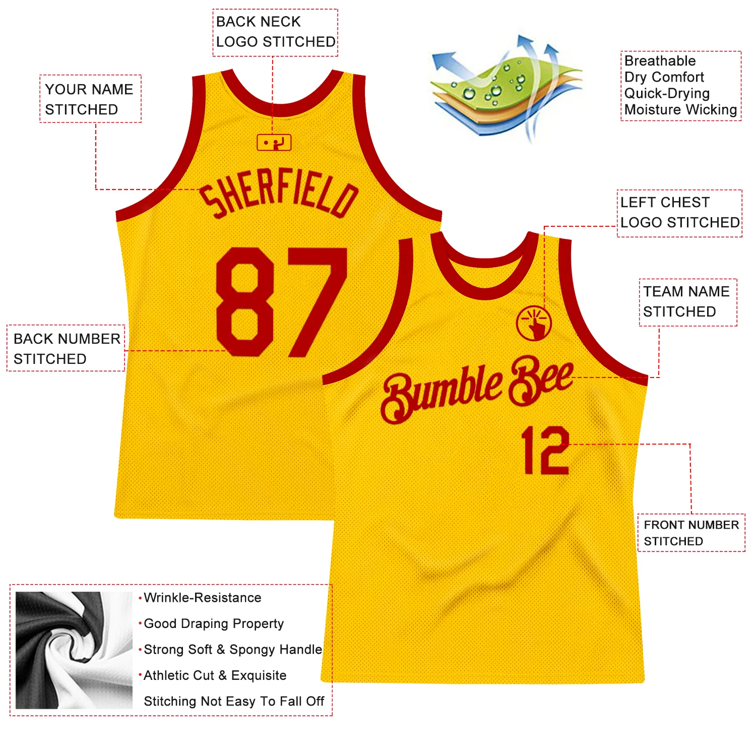 Custom Gold Red Authentic Throwback Basketball Jersey - Image 2