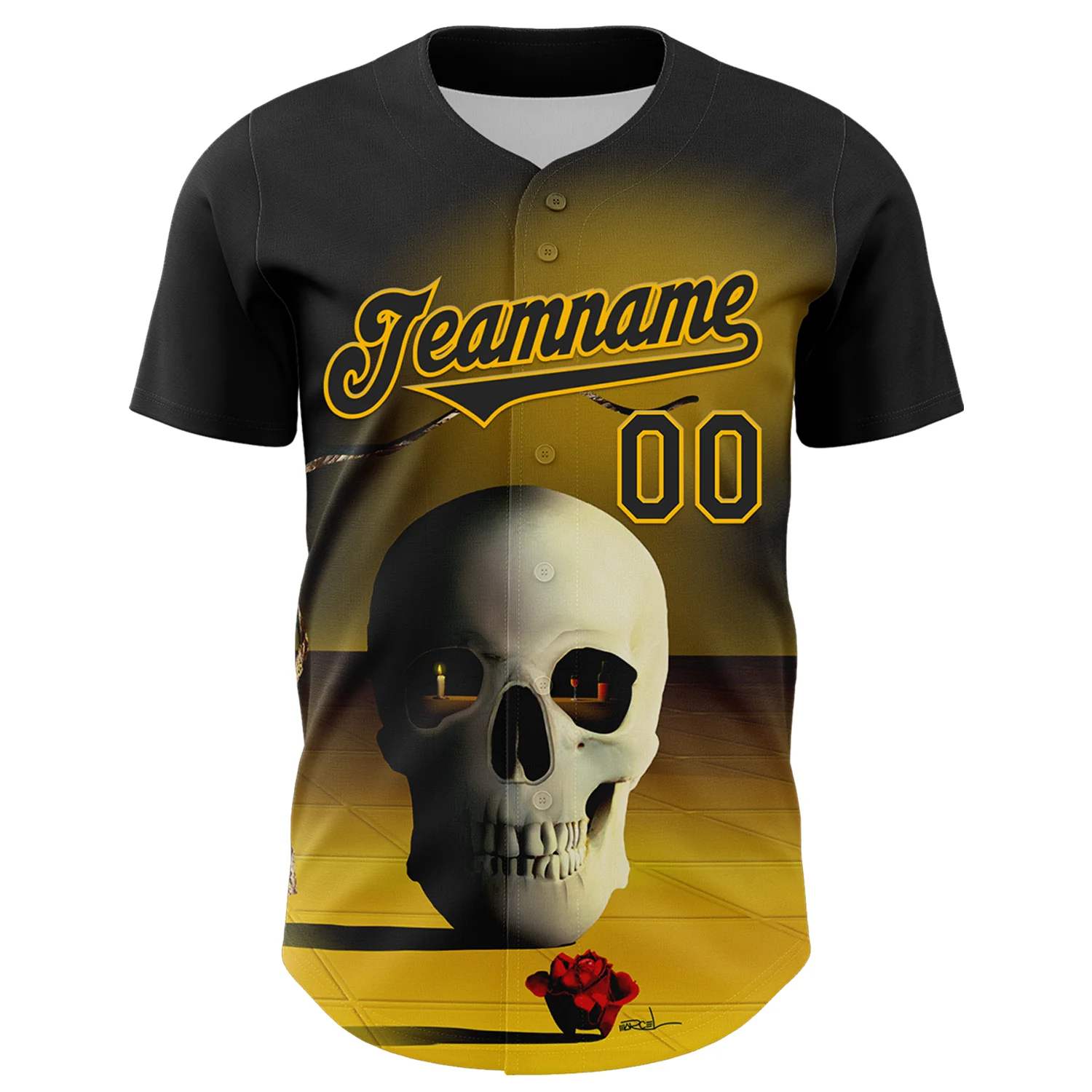 Custom Black Gold 3D Marcel Caram The Skull Authentic Baseball Jersey - Image 2