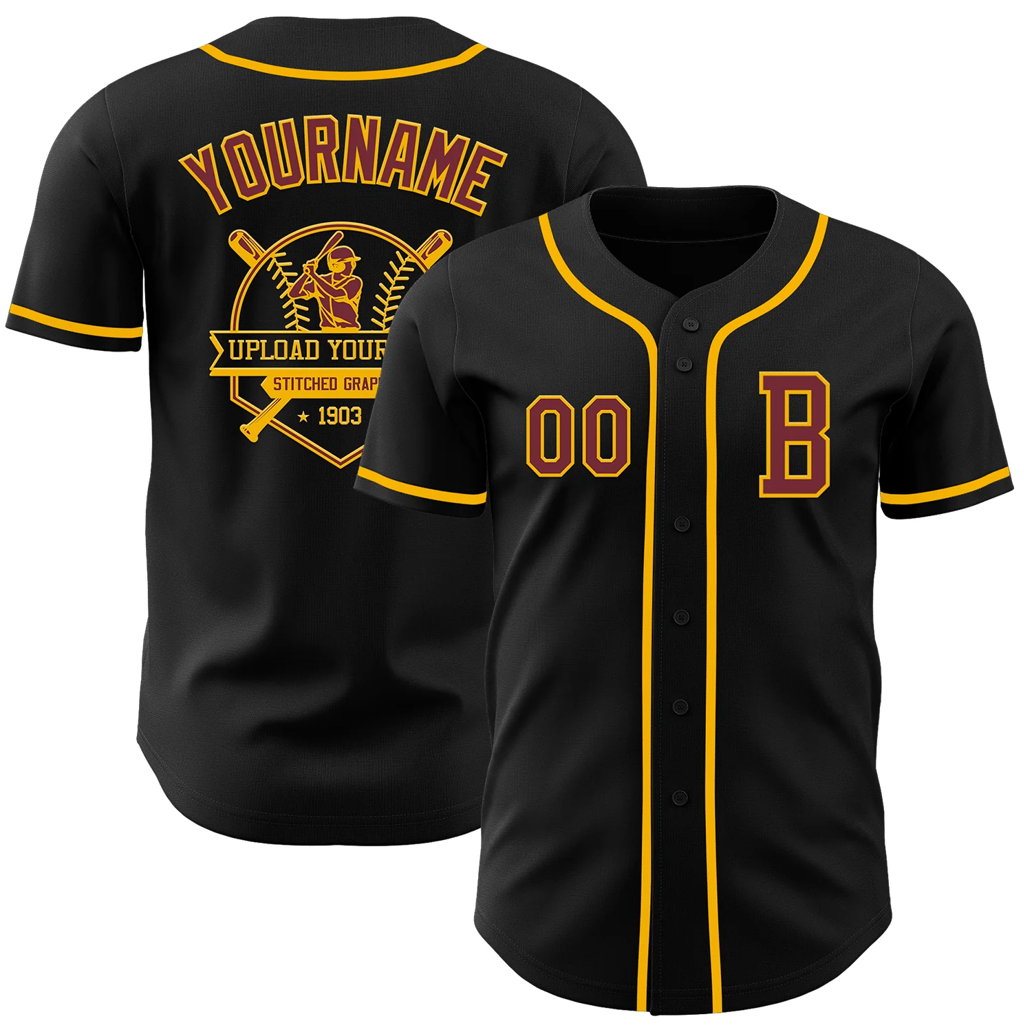 Custom Black Burgundy-Gold Authentic Baseball Jersey - Image 5