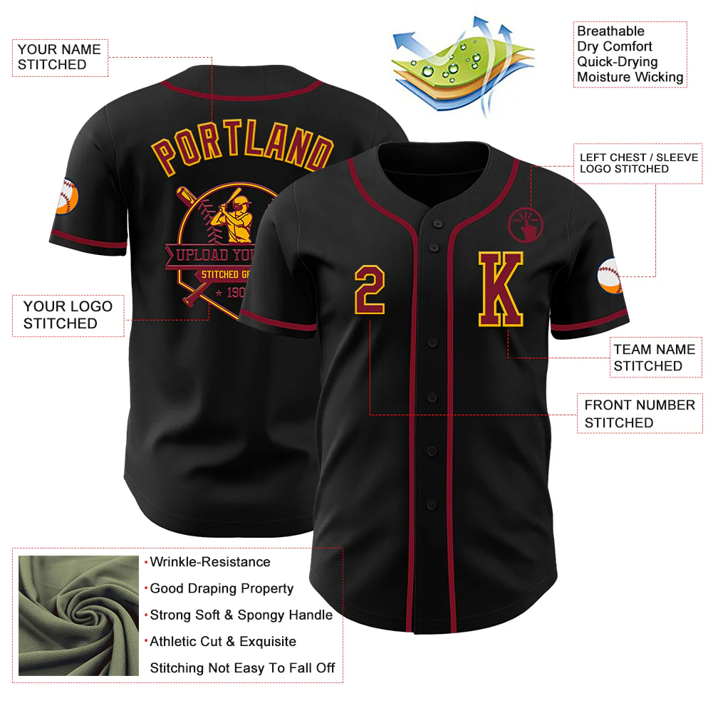 Custom Black Crimson-Gold Authentic Baseball Jersey - Image 6