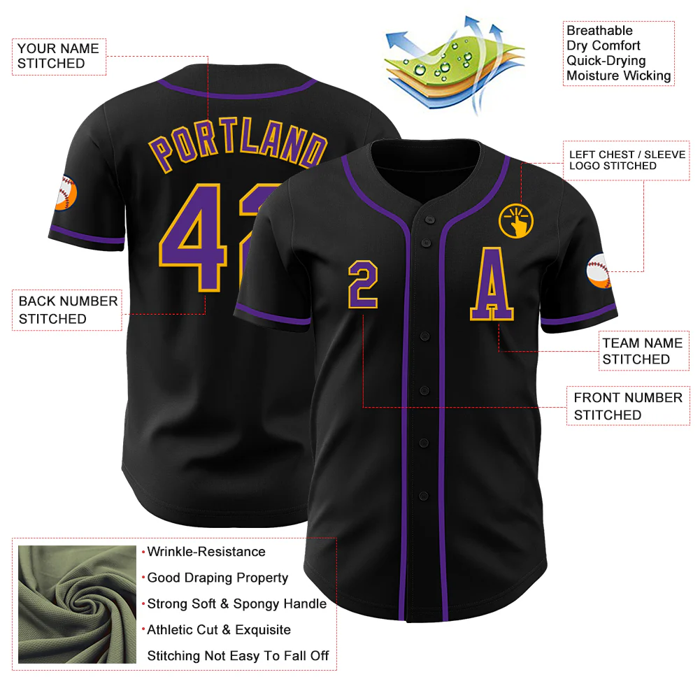Custom Black Purple-Gold Authentic Baseball Jersey - Image 2