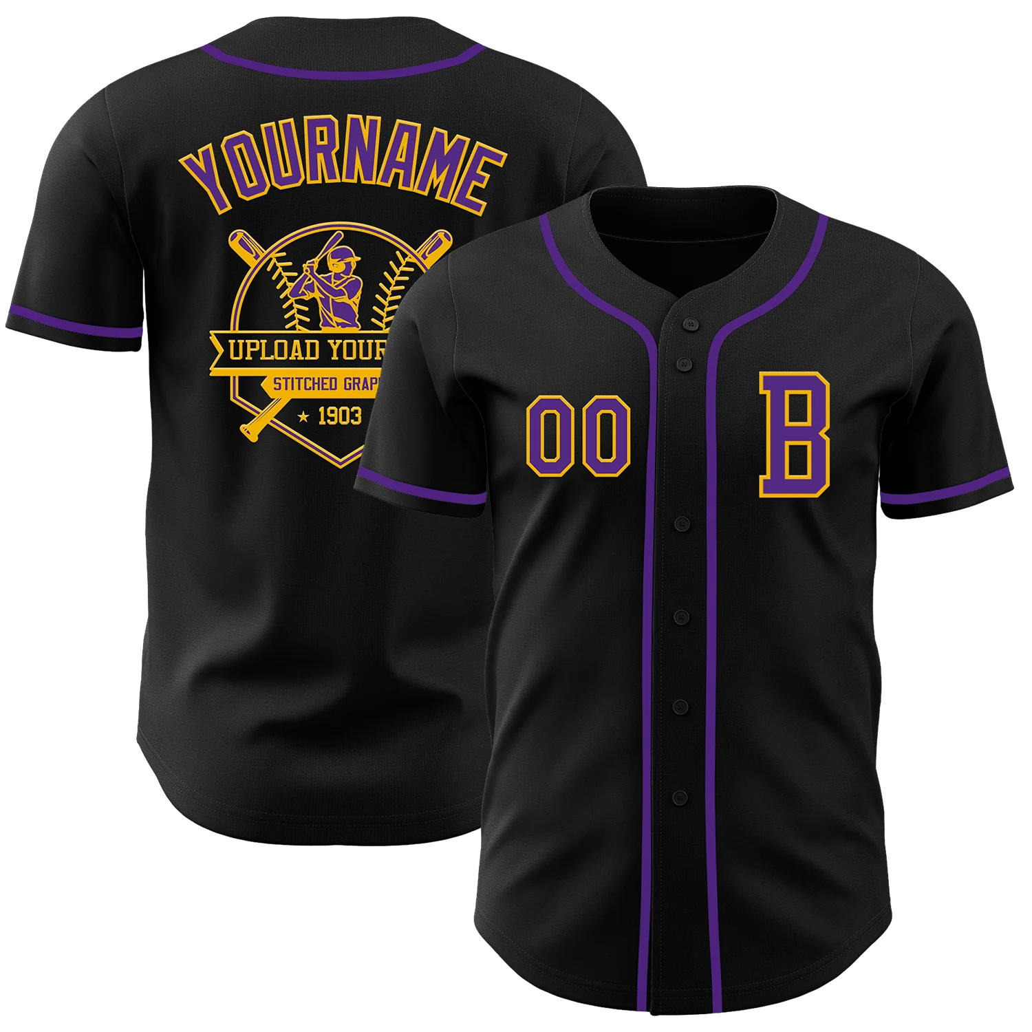 Custom Black Purple-Gold Authentic Baseball Jersey - Image 5