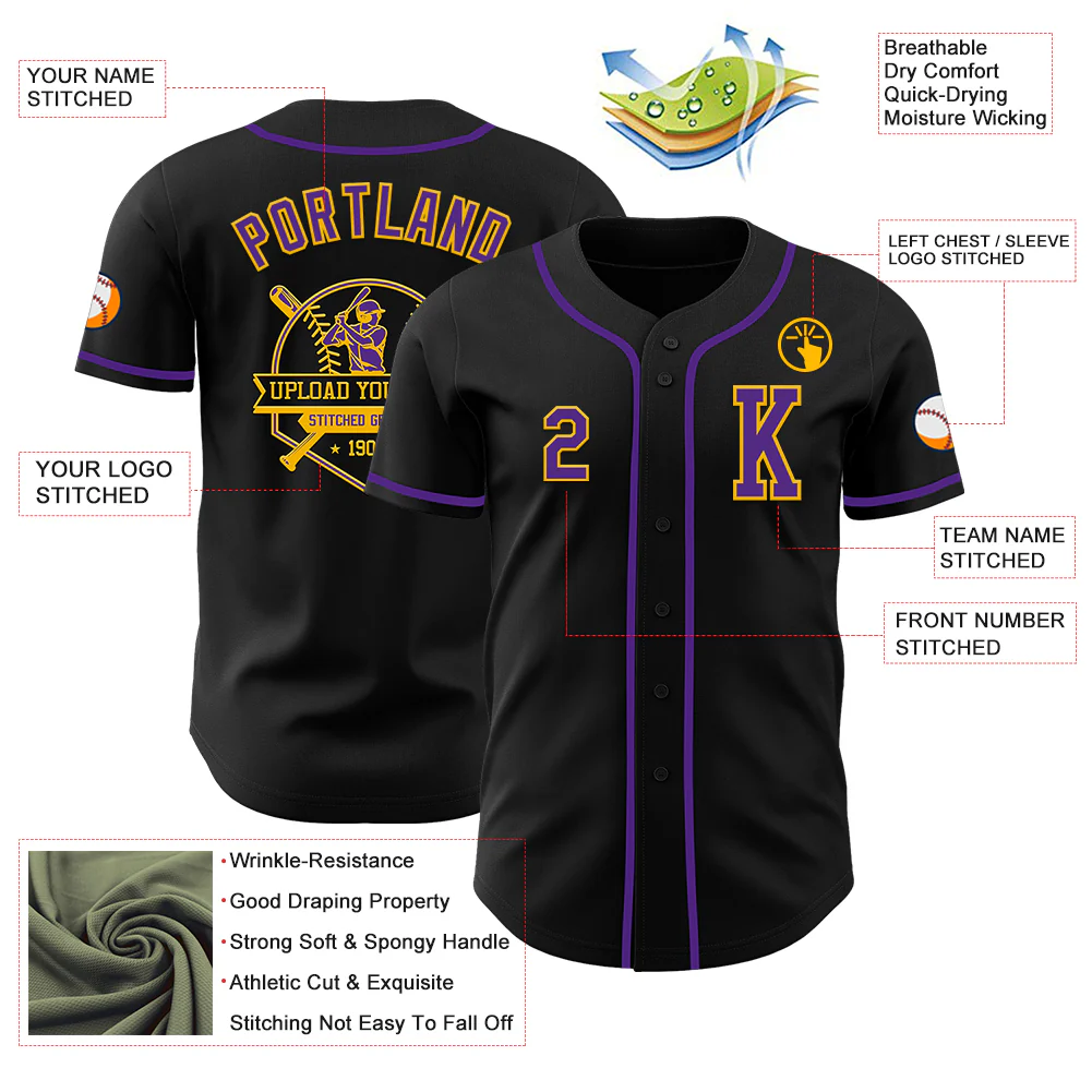Custom Black Purple-Gold Authentic Baseball Jersey - Image 6