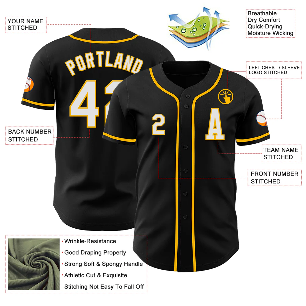 Custom Black White-Gold Authentic Baseball Jersey - Image 2