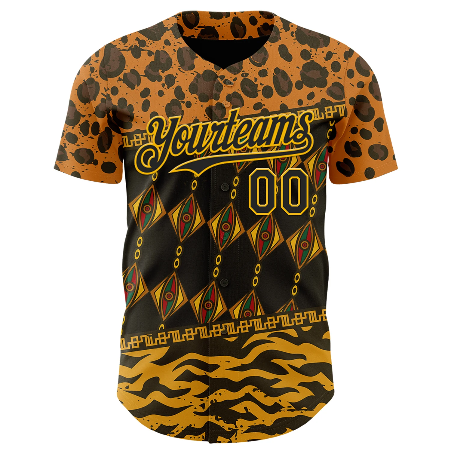 Custom Black Gold Green-Red 3D Pattern Design Black History Month African Ethnicity Style Animal Print Authentic Baseball Jersey - Image 2