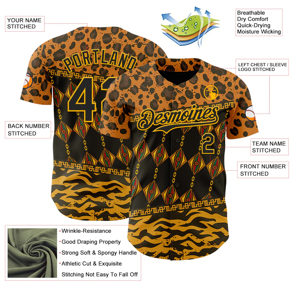 Custom Black Gold Green-Red 3D Pattern Design Black History Month African Ethnicity Style Animal Print Authentic Baseball Jersey - Image 3