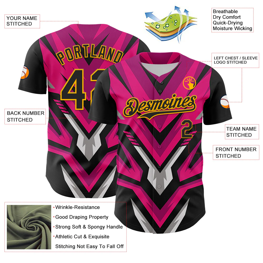 Custom Black Gold Pink White-Gray Car Racing Formula Auto Motorsport Authentic Baseball Jersey - Image 3