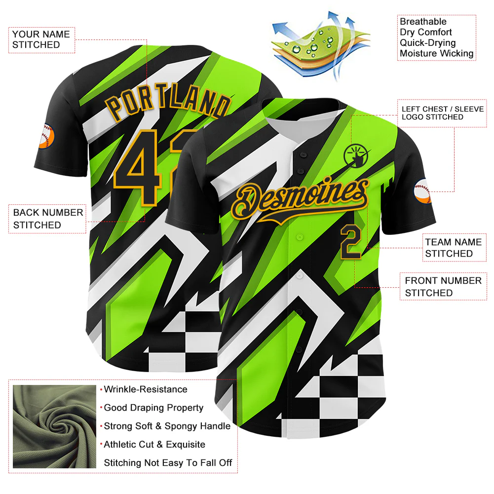 Custom Black Gold Green-White Car Racing Formula Auto Motorsport Authentic Baseball Jersey - Image 3