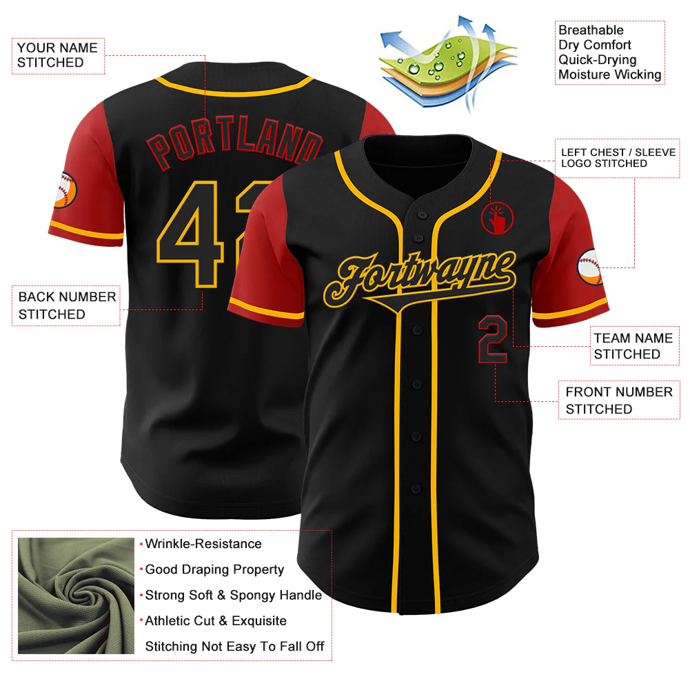 Custom Black Gold-Red Authentic Two Tone Baseball Jersey - Image 3