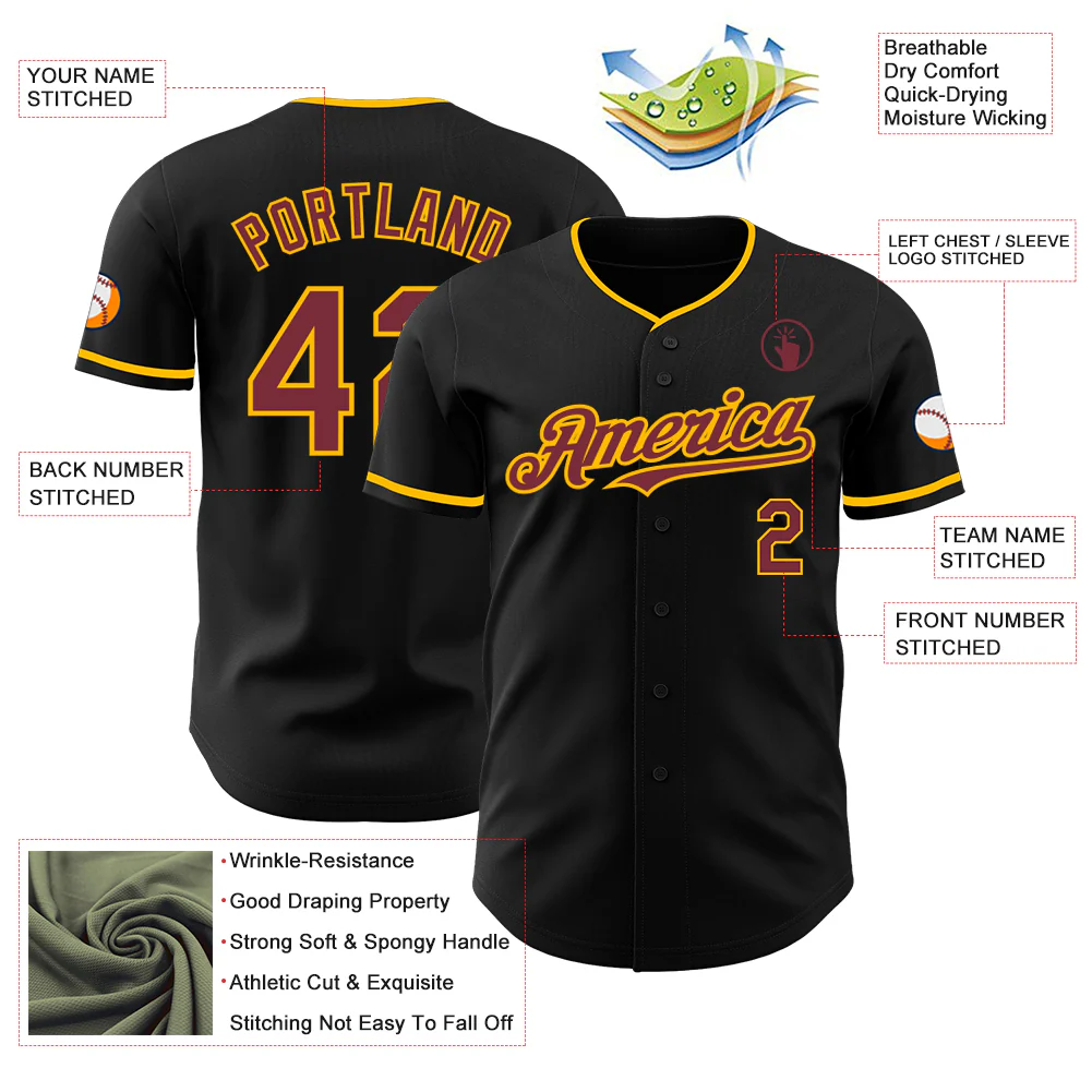 Custom Black Burgundy-Gold Authentic Baseball Jersey - Image 3