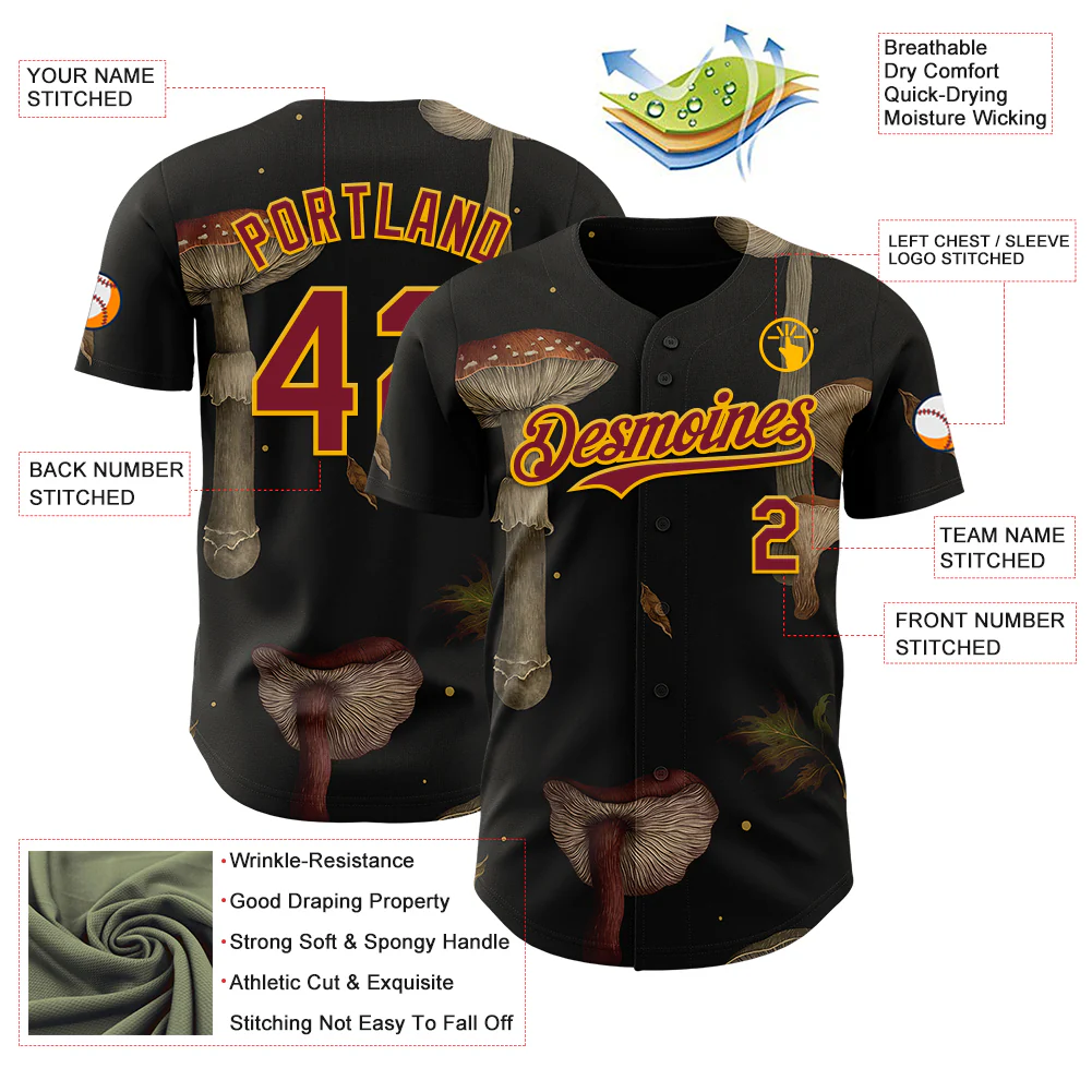 Custom Black Crimson-Gold Episodic Drawing Autumn Mushrooms Authentic Baseball Jersey - Image 3