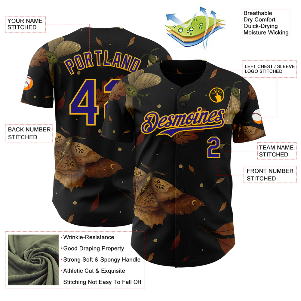 Custom Black Dark Purple-Gold Episodic Drawing Autumn Moth Authentic Baseball Jersey - Image 3