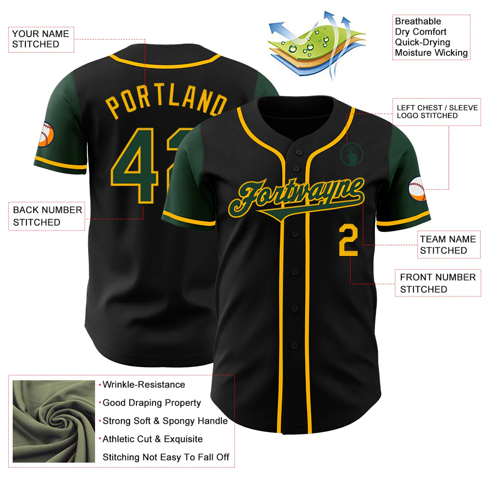 Custom Black Green-Gold Authentic Two Tone Baseball Jersey - Image 3