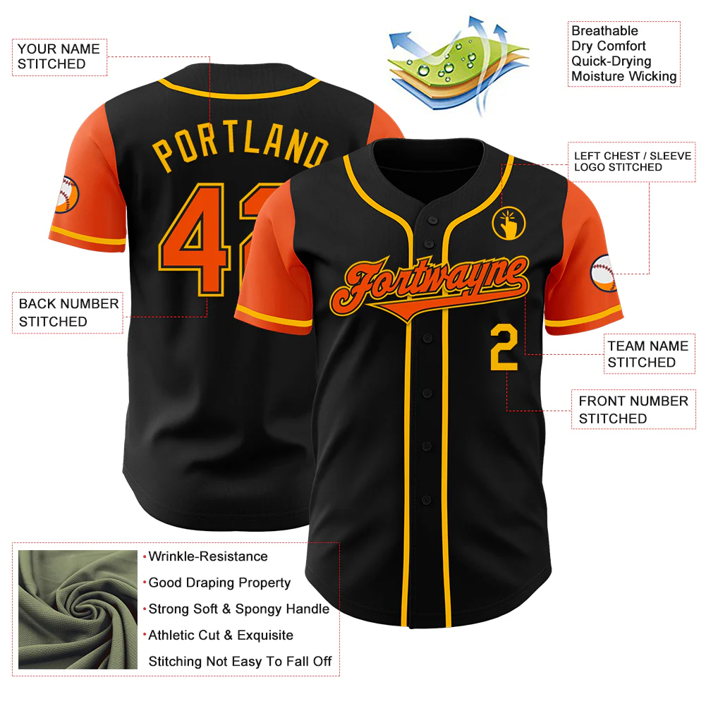 Custom Black Orange-Gold Authentic Two Tone Baseball Jersey - Image 3