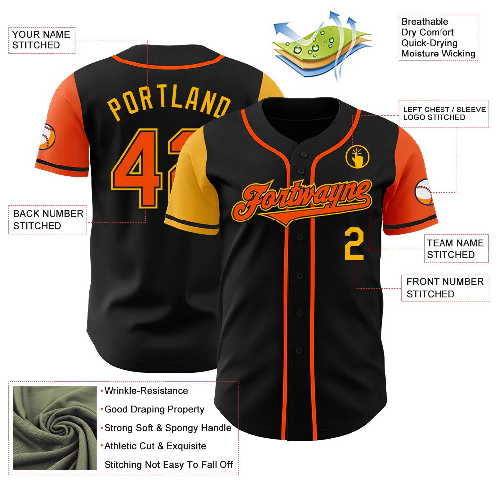 Custom Black Orange-Gold Authentic Two Tone Baseball Jersey - Image 3