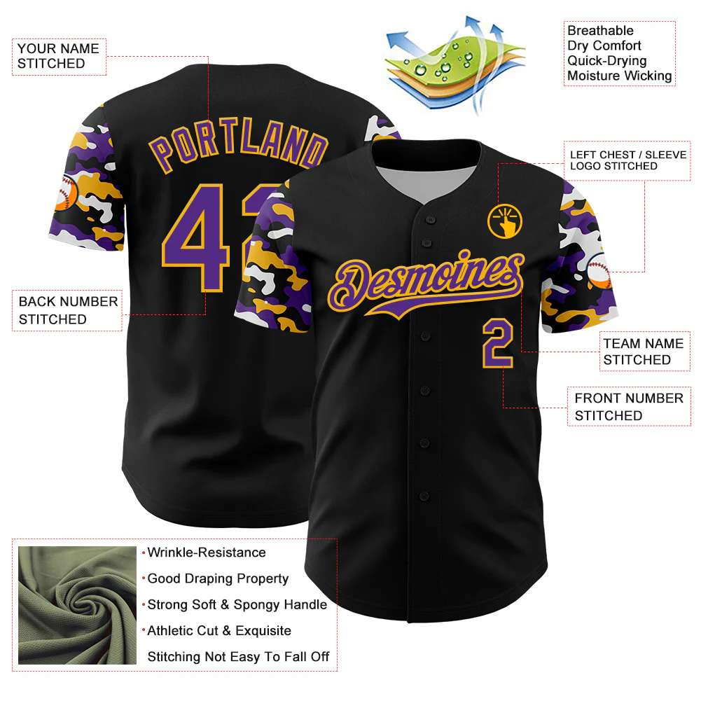Custom Black Purple Gold-White Digital Camo Two Tone Authentic Baseball Jersey - Image 3