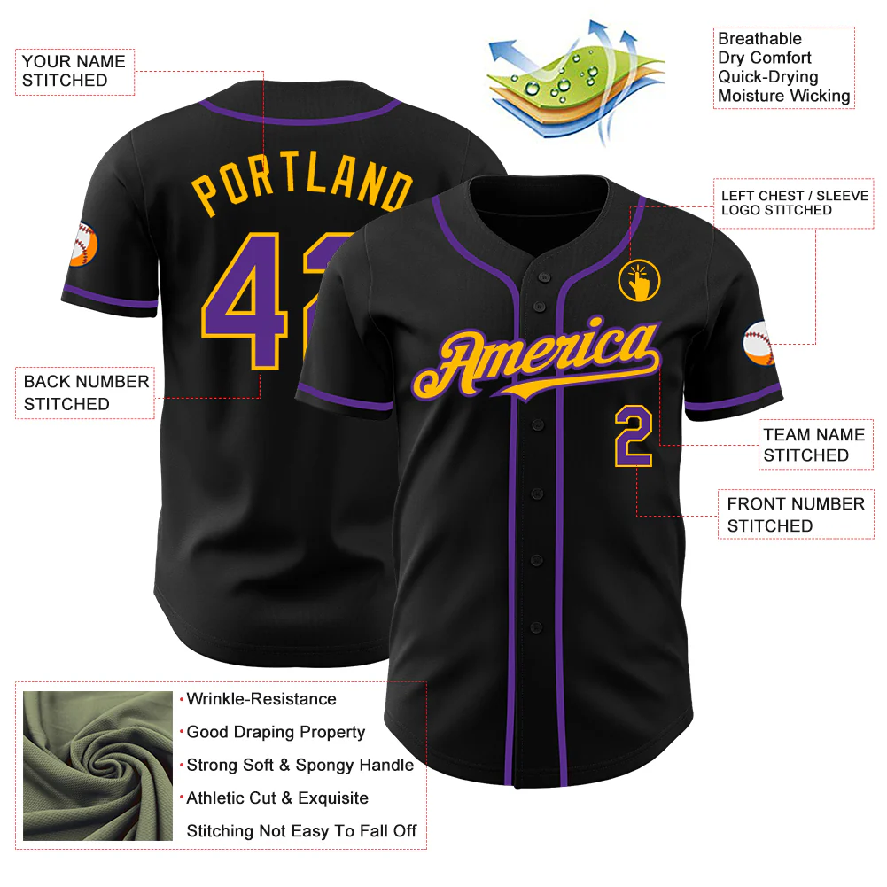 Custom Black Purple-Gold Authentic Baseball Jersey - Image 3