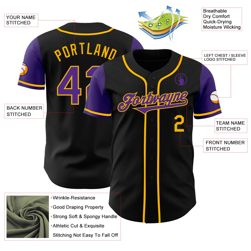 Custom Black Purple-Gold Authentic Two Tone Baseball Jersey - Image 3