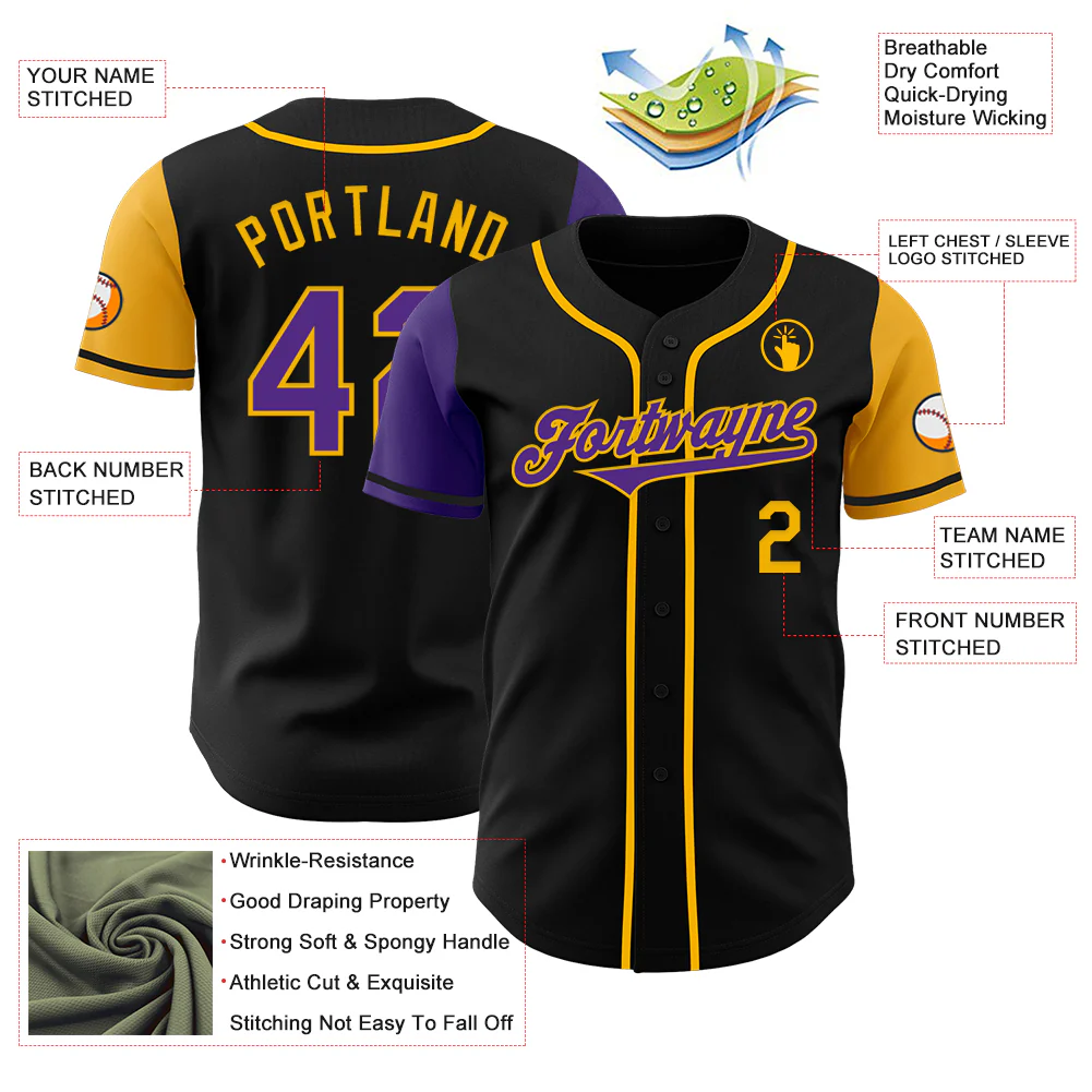 Custom Black Purple-Gold Authentic Two Tone Baseball Jersey - Image 3