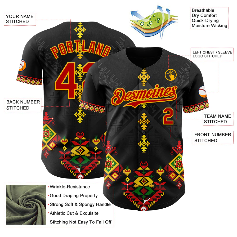 Custom Black Red Gold-Green Black History Month Africa Tribal Authentic Baseball Jersey - Image 3