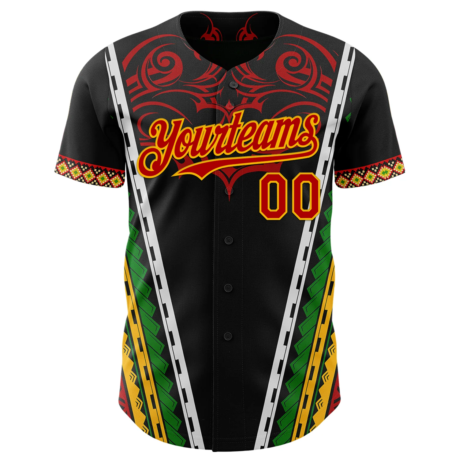 Custom Black Red Gold-Green Black History Month Africa Tribal Authentic Baseball Jersey - Image 2