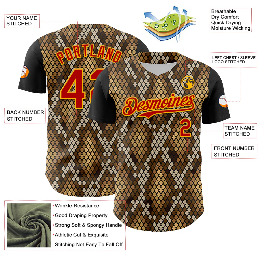Custom Black Red-Gold 3D Pattern Design Rave Party Animal Snake Python Print Authentic Baseball Jersey - Image 3