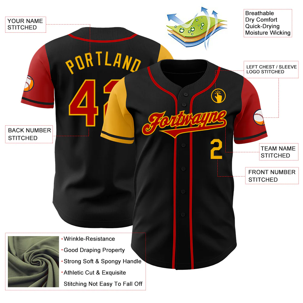 Custom Black Red-Gold Authentic Two Tone Baseball Jersey - Image 3