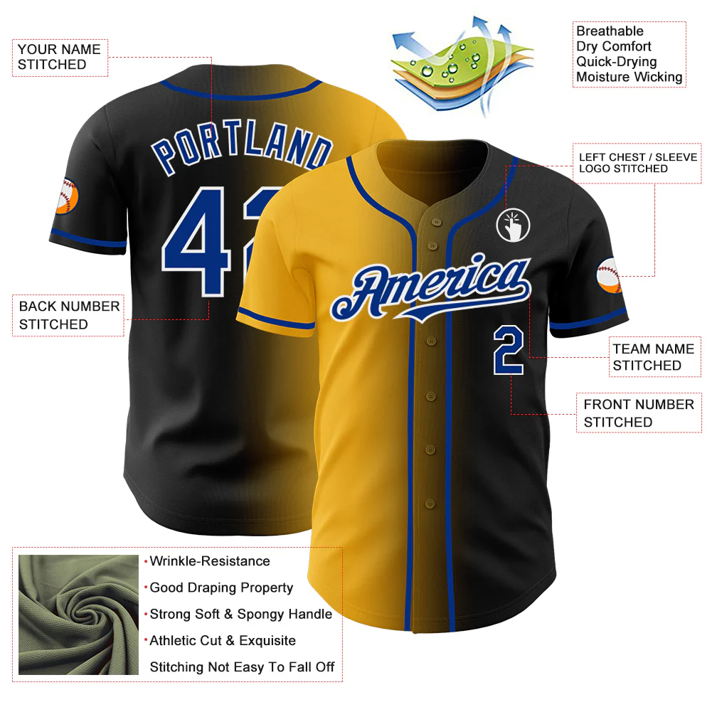 Custom Black Royal Gold-White Authentic Gradient Fashion Baseball Jersey - Image 3