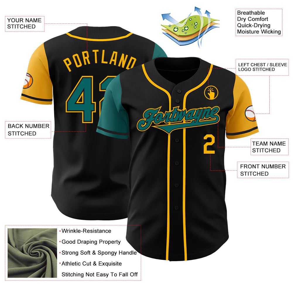 Custom Black Teal-Gold Authentic Two Tone Baseball Jersey - Image 3
