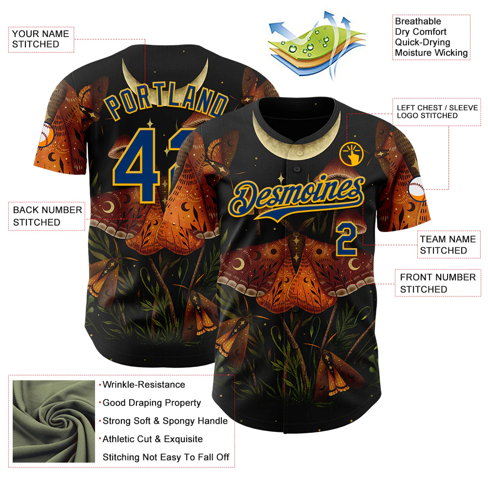 Custom Black US Navy Blue-Gold Episodic Drawing Autumn Light Underwings Authentic Baseball Jersey - Image 3