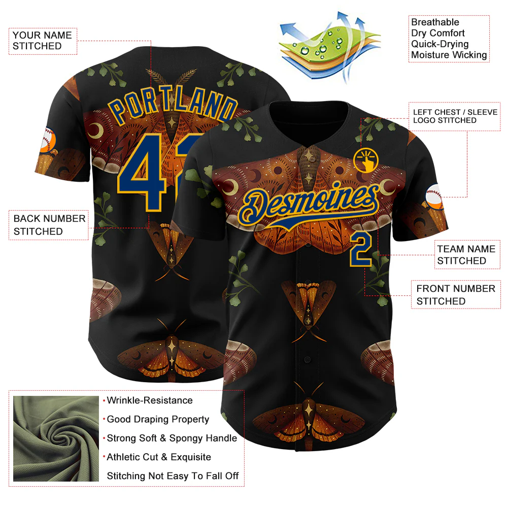 Custom Black US Navy Blue-Gold Episodic Drawing Autumn Light Underwings Authentic Baseball Jersey - Image 3