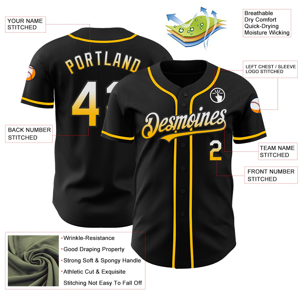 Custom Black White-Gold Authentic Fade Fashion Baseball Jersey - Image 3