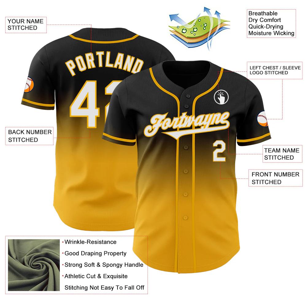 Custom Black White-Gold Authentic Fade Fashion Baseball Jersey - Image 3