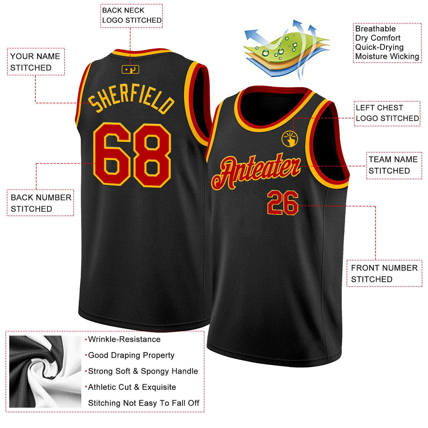 Custom Black Red-Gold Authentic Basketball Jersey - Image 2