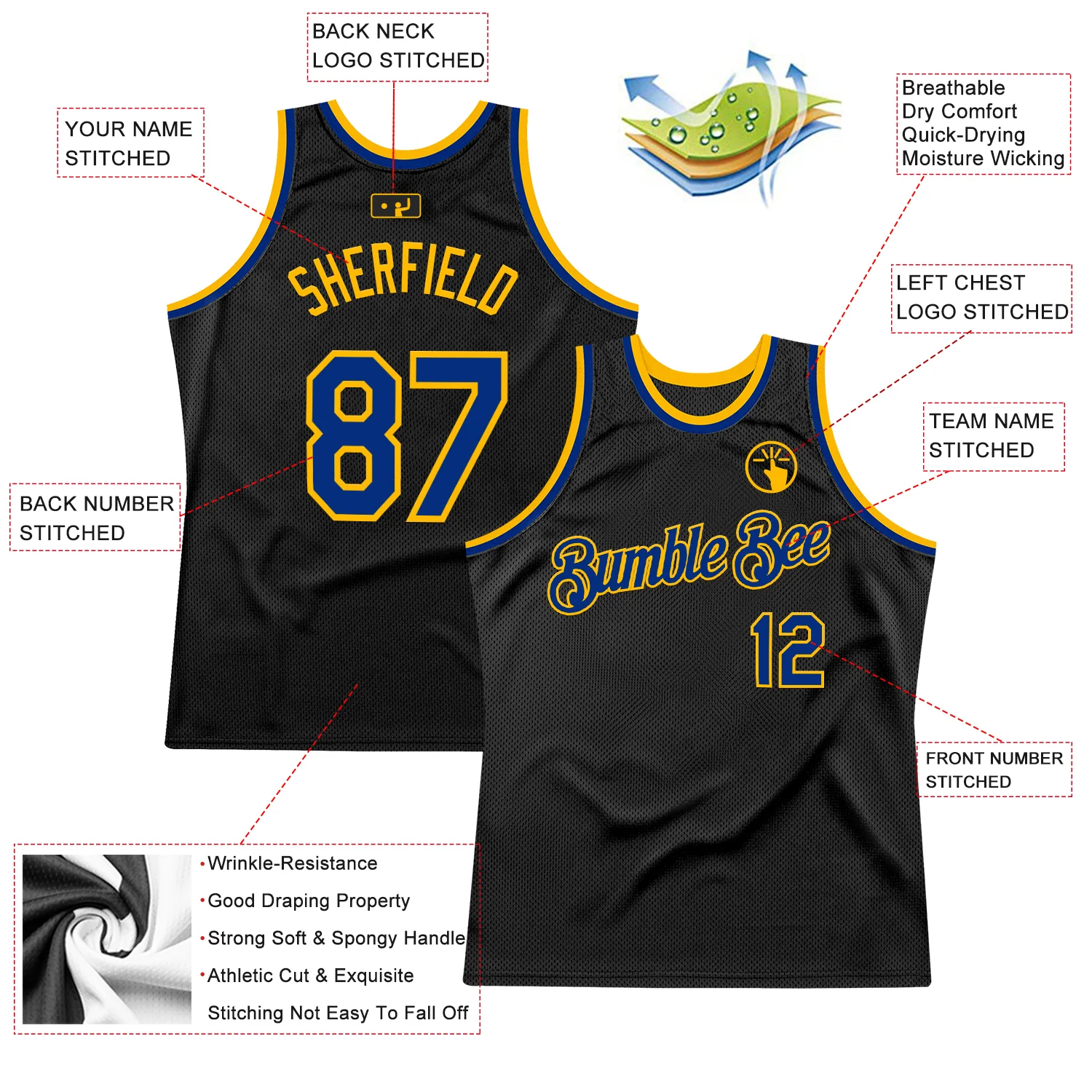 Custom Black Royal-Gold Authentic Throwback Basketball Jersey - Image 2