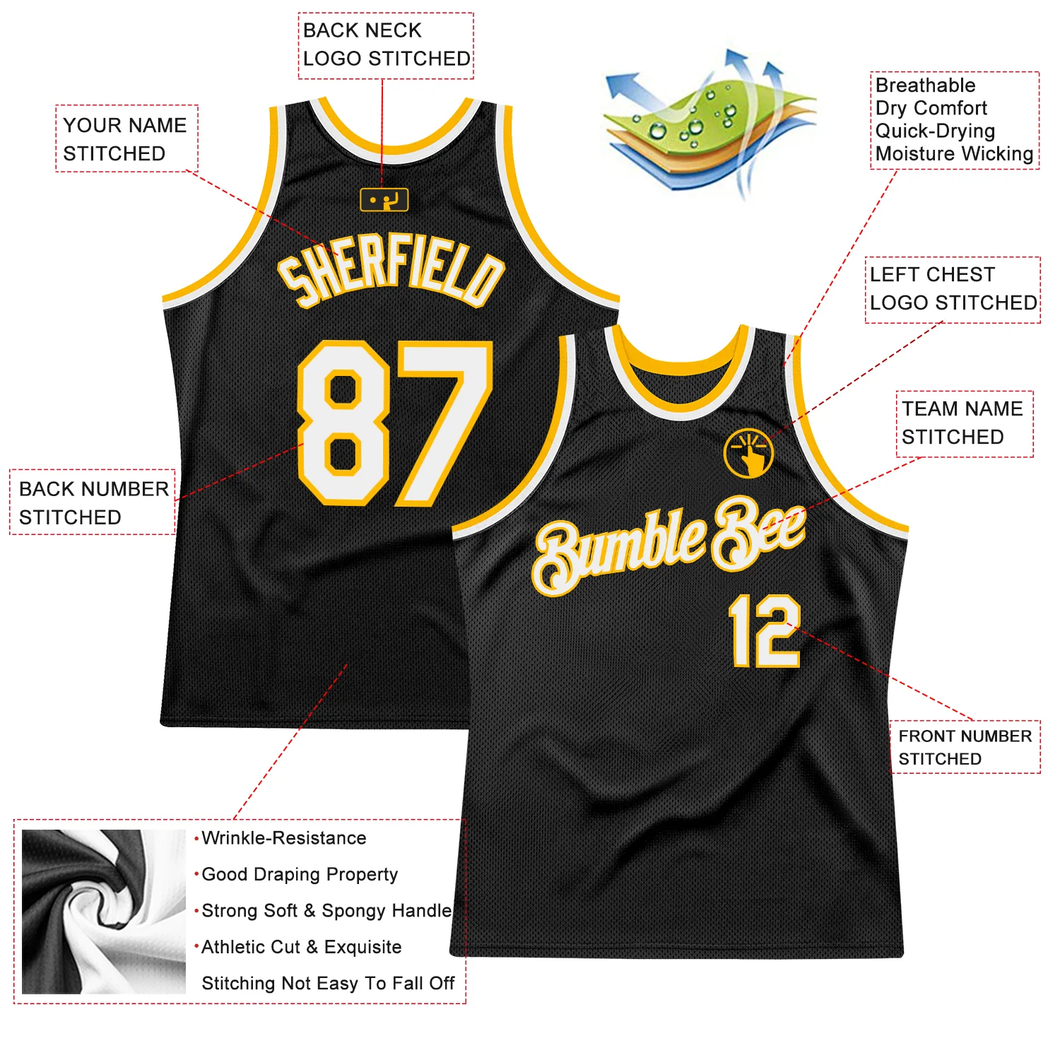 Custom Black White-Gold Authentic Throwback Basketball Jersey - Image 2