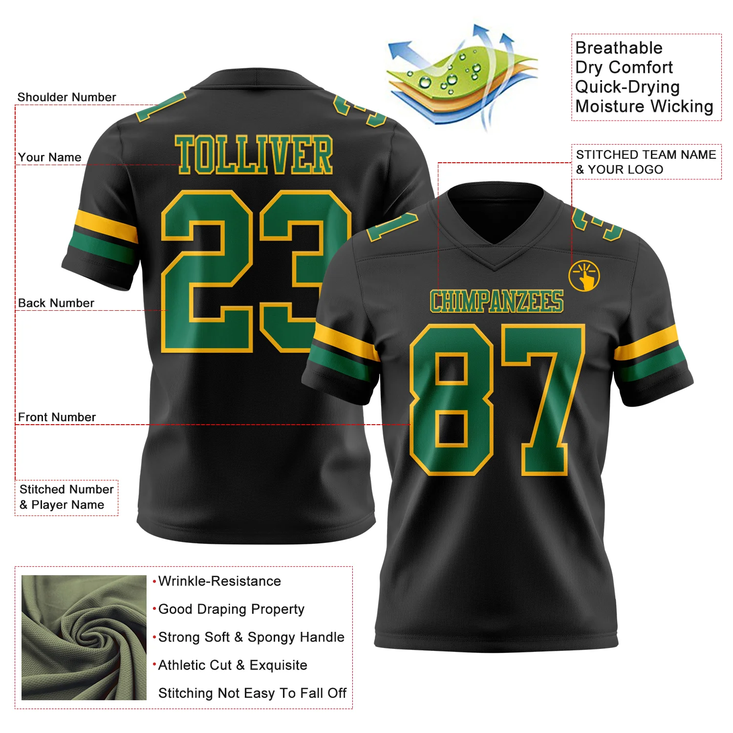 Custom Black Kelly Green-Gold Authentic Football Jersey - Image 3