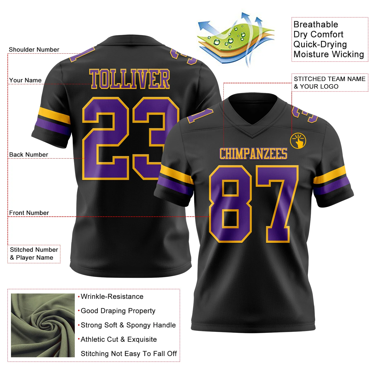 Custom Black Purple-Gold Authentic Football Jersey - Image 3