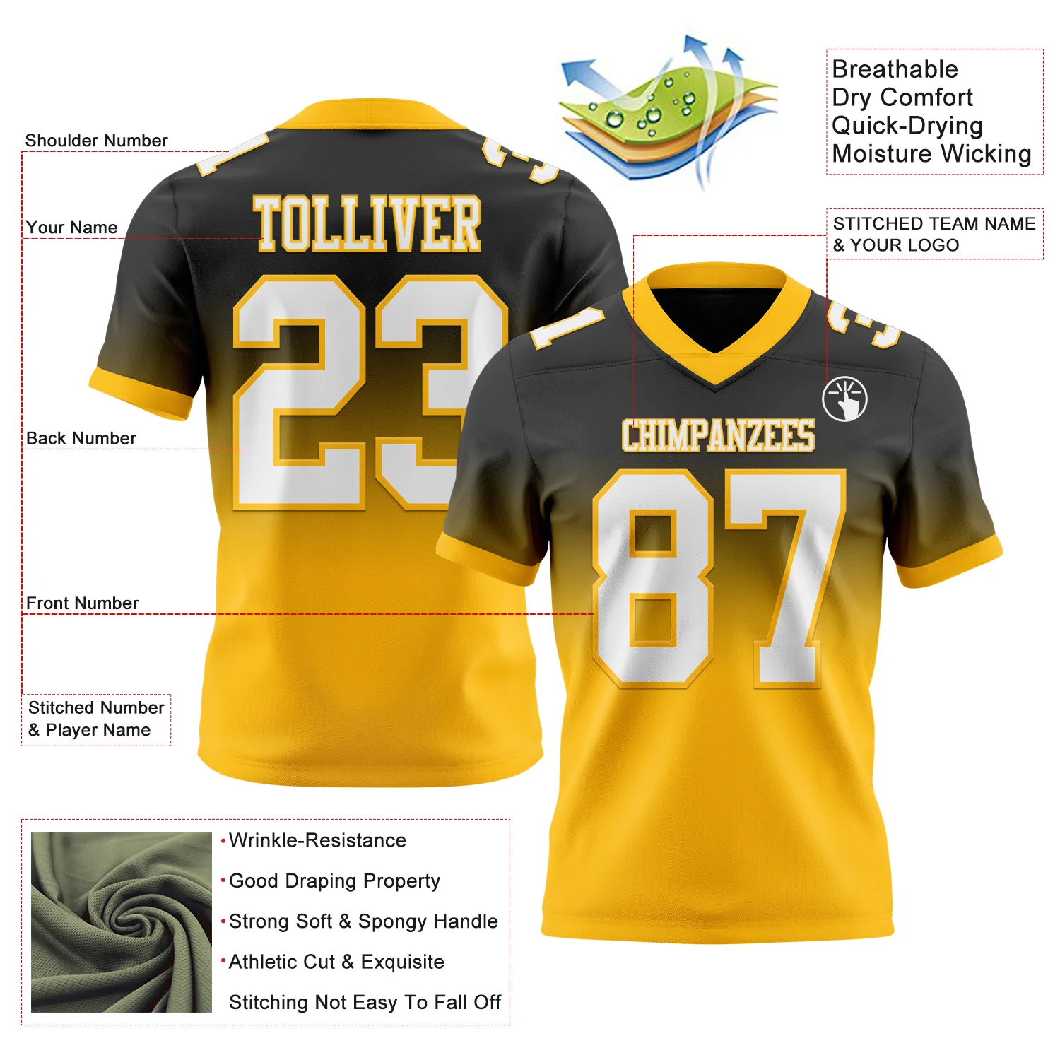 Custom Black White-Gold Authentic Fade Fashion Football Jersey - Image 2
