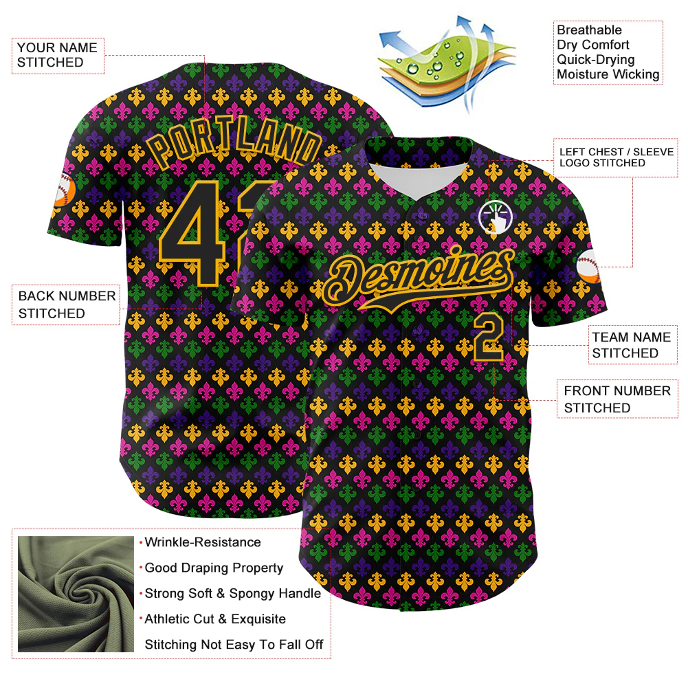 Custom Black Gold 3D Pattern Design Mardi Gras Shrove Tuesday Authentic Baseball Jersey - Image 3